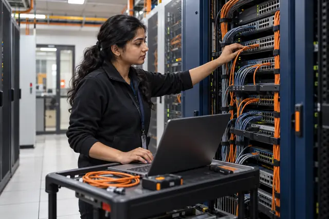 A network engineer configuring a rack-mounted switch beside a laptop.